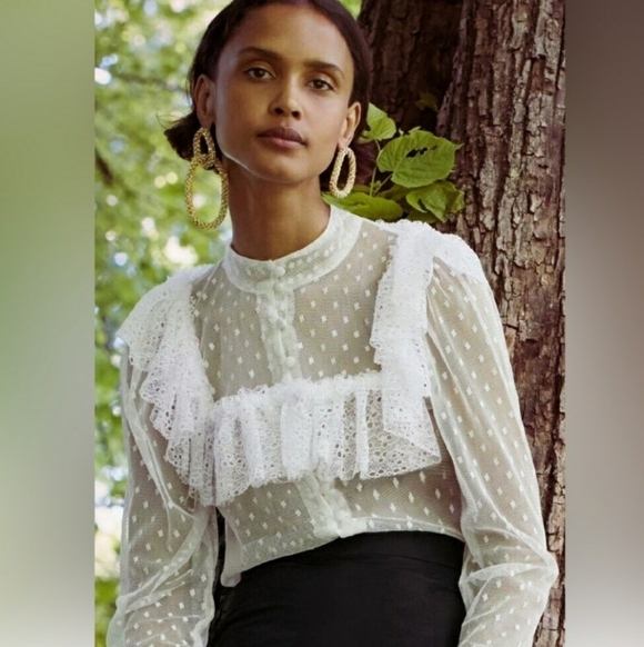 Sandra Mansour X H&M Flounced Tulle Blouse Elegant Sheer Lace. White, Cream. XS. - Picture 2 of 11